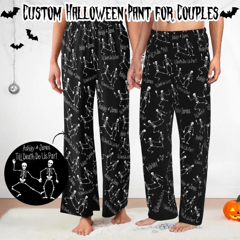 Custom Matching Couple Halloween Pajamas Pant with Names, Personalized Skeleton Pj Bottom, Spooky Halloween Gift for Her Him
