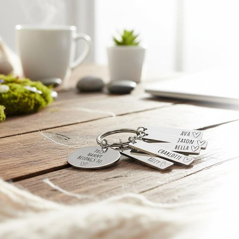 Personalised Family Keyring Mother's Day Gift: Nanny, Mummy Belongs To Personalized Engraved Daddy, Nanny, Grandad, Mum Loved By Name Tags