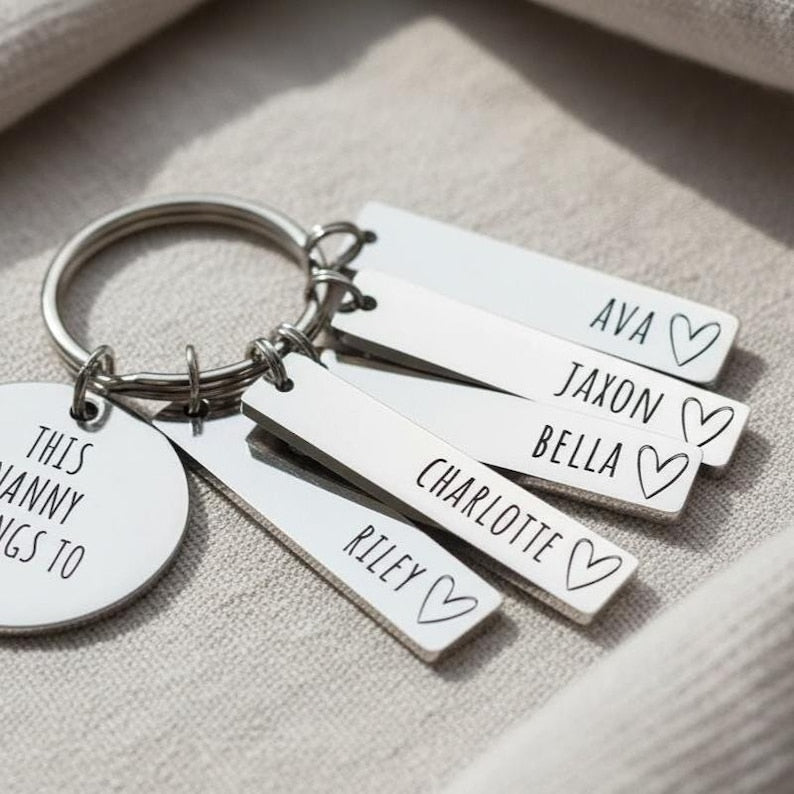 Personalised Family Keyring Mother's Day Gift: Nanny, Mummy Belongs To Personalized Engraved Daddy, Nanny, Grandad, Mum Loved By Name Tags