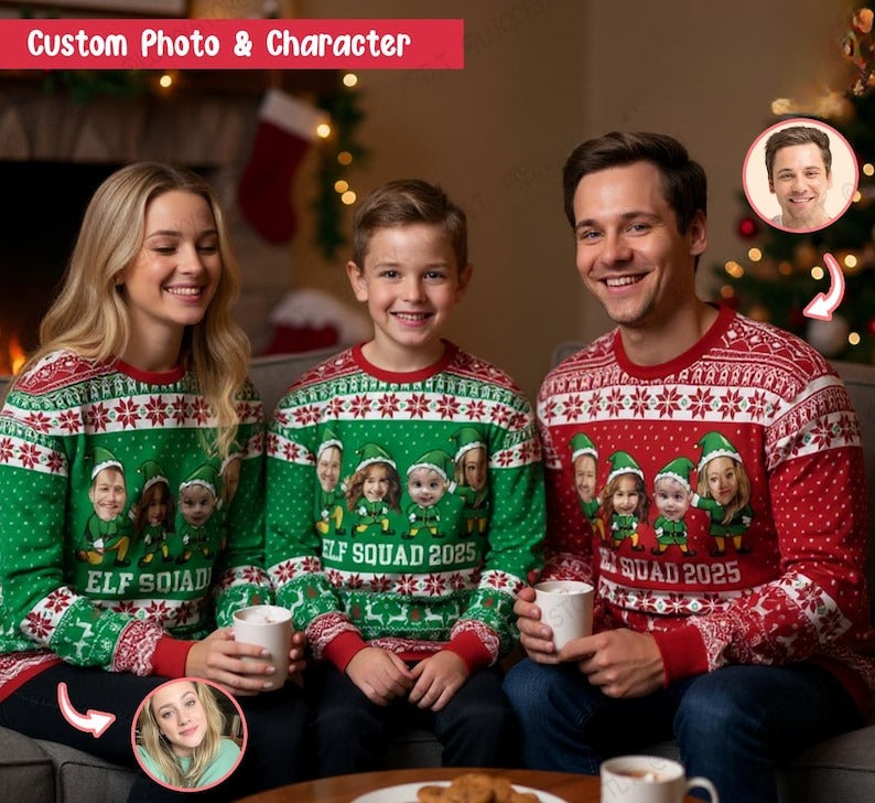 Personalized Family Elf Christmas Sweater 2025, Custom Photo & Name Ugly Xmas Sweater, Matching Holiday Party Outfit for Family and Friends