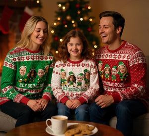Personalized Family Elf Christmas Sweater 2025, Custom Photo & Name Ugly Xmas Sweater, Matching Holiday Party Outfit for Family and Friends.