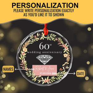 Personalized 60th Wedding Anniversary Ornament, Diamond Anniversary Custom Glass Gift with Names, Keepsake Gift for Parents Husband Wife