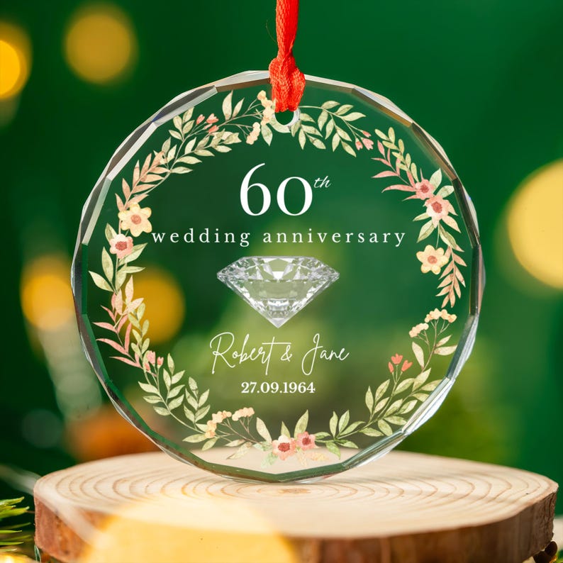 Personalized 60th Wedding Anniversary Ornament, Diamond Anniversary Custom Glass Gift with Names, Keepsake Gift for Parents Husband Wife