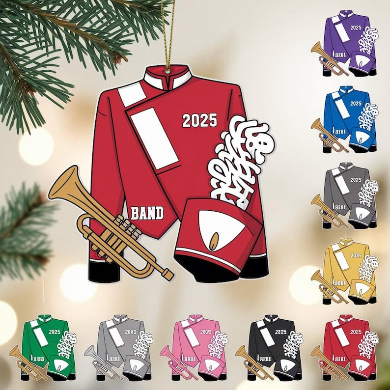 Personalized Band Uniform Ornament 2025 - Custom Acrylic 2D Flat Marching Band Jacket with Instrument - Holiday Gift for Musicians & Students