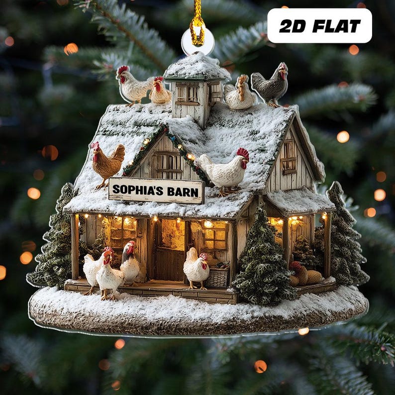 Personalized Name Farmhouse Chicken Christmas Ornament, Chicken Barn Ornament, Farmhouse Holiday Tree Decor For Xmas, Farmhouse Decor
