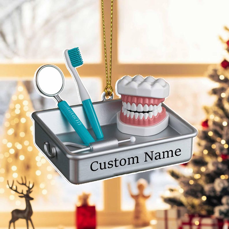 Dentist Christmas Ornament 2025 | Flat 2D Acrylic Custom Ornament with Dental Tools & Tooth Model | Gift for Dentists Dental Students