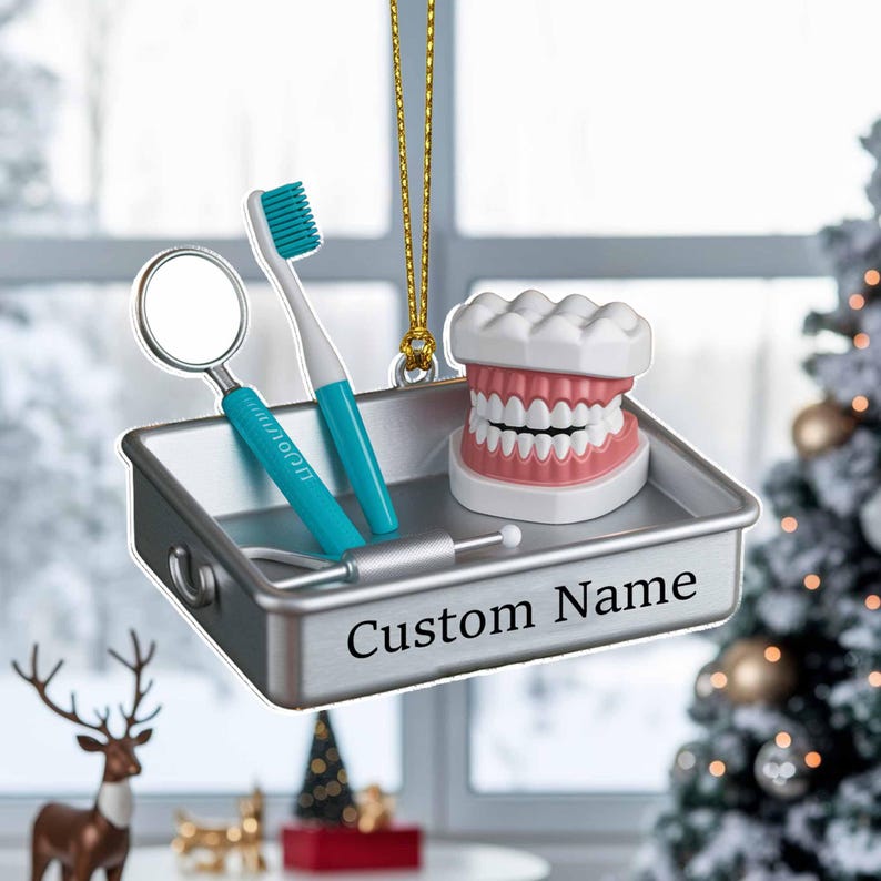 Dentist Christmas Ornament 2025 | Flat 2D Acrylic Custom Ornament with Dental Tools & Tooth Model | Gift for Dentists Dental Students