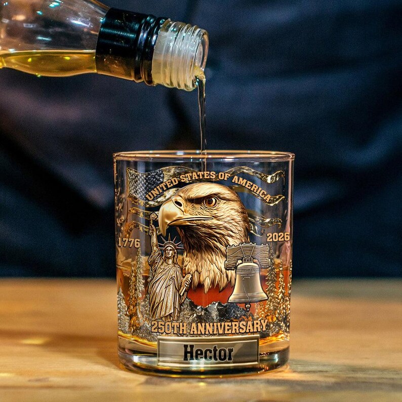 Personalized USA 250th Anniversary Whiskey Glass, Eagle Whiskey Glass Gold, American 1776 2026 Whiskey Cup, Patriotic Cup Gift For Him
