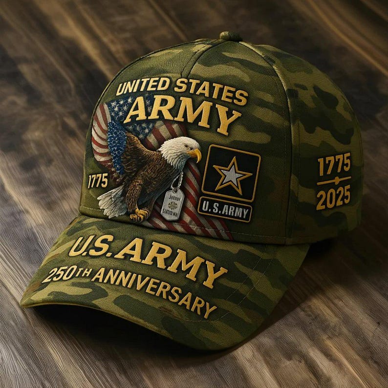US Army 250th Anniversary Camo Hat: Eagle & Flag Design