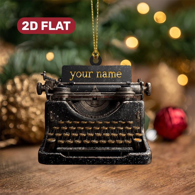 Personalized Typewriter Ornament, Custom Name Vintage Writer Christmas Tree Decoration, Holiday Keepsake Gift For Authors & Book Lovers