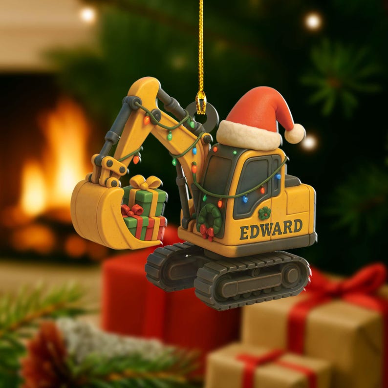 Personalized Excavator Christmas Ornament: Construction Truck Holiday Decor