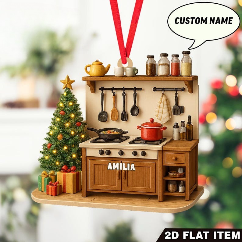 Custom Name Kitchen Ornament 2D Flat Ornament, Cooking Stove Christmas Decoration with Pots, Utensils & Tree Personalized Chef Gift