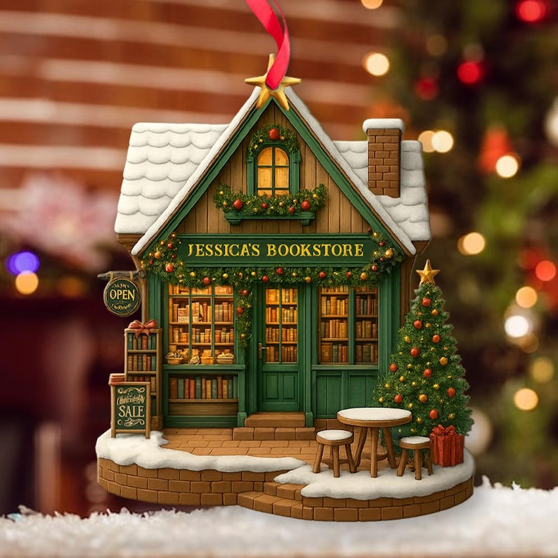 Custom Name Bookstore Ornament, Personalized Bookshelf Keepsake, Bookish Christmas Gift Librarian Book Club 2D Flat Ornament for Book Lover