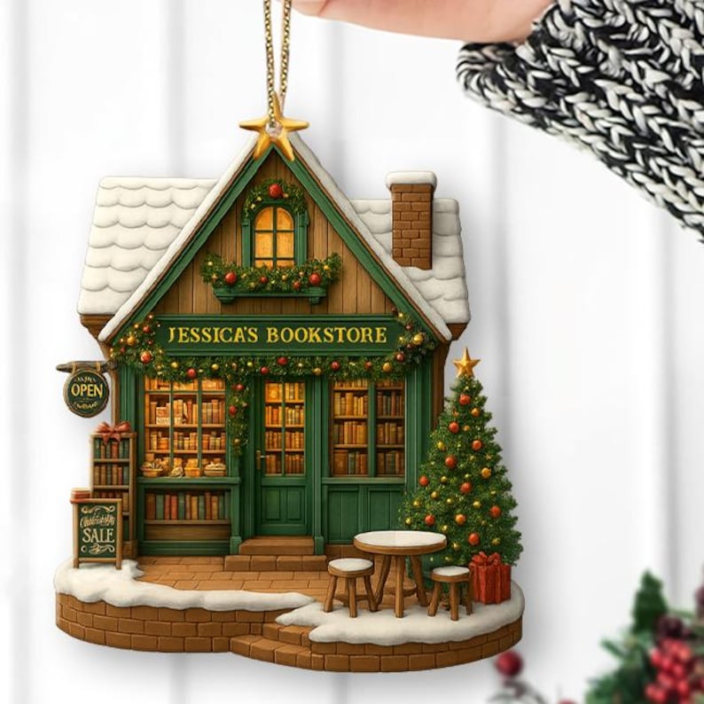 Custom Name Bookstore Ornament, Personalized Bookshelf Keepsake, Bookish Christmas Gift Librarian Book Club 2D Flat Ornament for Book Lover