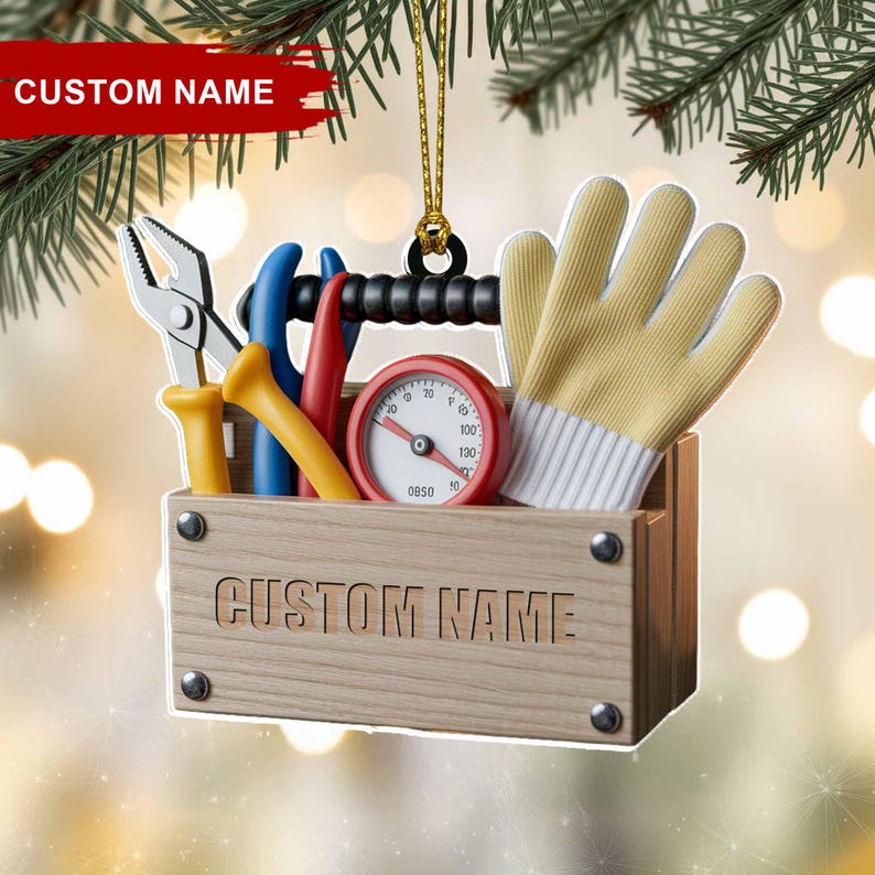 Toolbox Christmas Ornament 2025 | Tree Hanging Decor, Custom Ornament with Wood Box Tools & Gloves | Gift for Handymen, Mechanics DIY Lovers