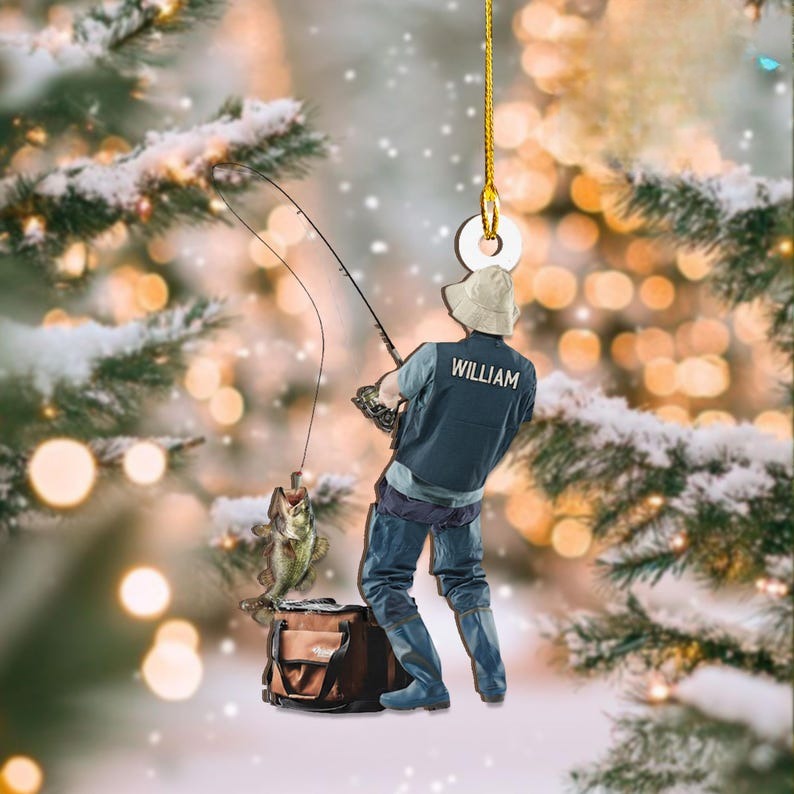 Personalized Fishing Ornament, Custom Fisherman Christmas Decoration, Unique Angler Gift for Dad Husband Boyfriend, Bass Fishing Decor