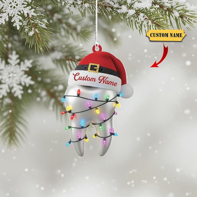 Personalized Dentist Tooth Acrylic Ornament, Custom Name Christmas Ornament with Santa Hat and Lights, Dental Hygienist Holiday Gift