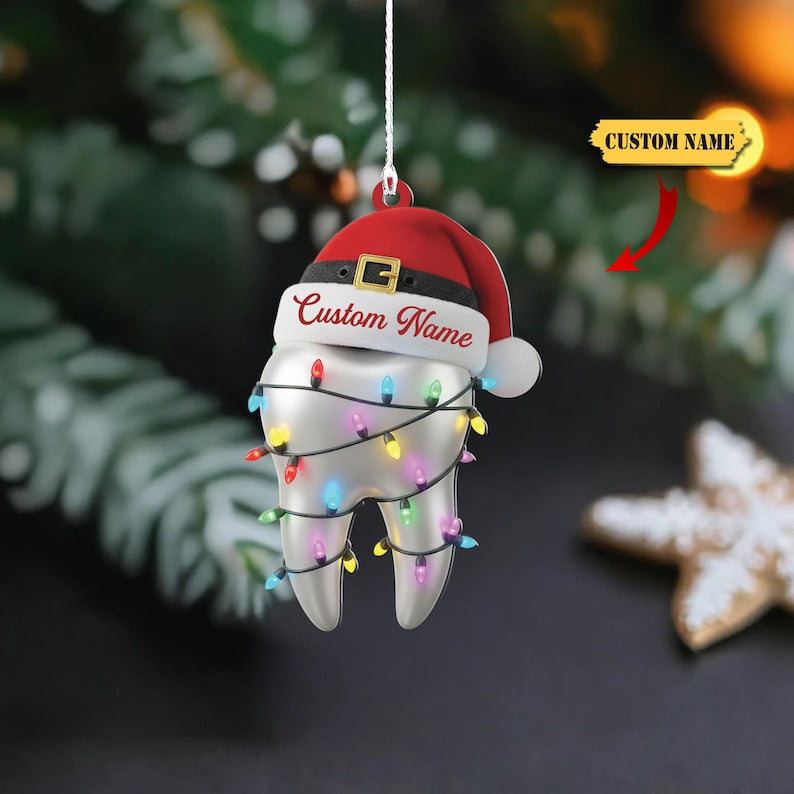 Personalized Dentist Tooth Acrylic Ornament, Custom Name Christmas Ornament with Santa Hat and Lights, Dental Hygienist Holiday Gift
