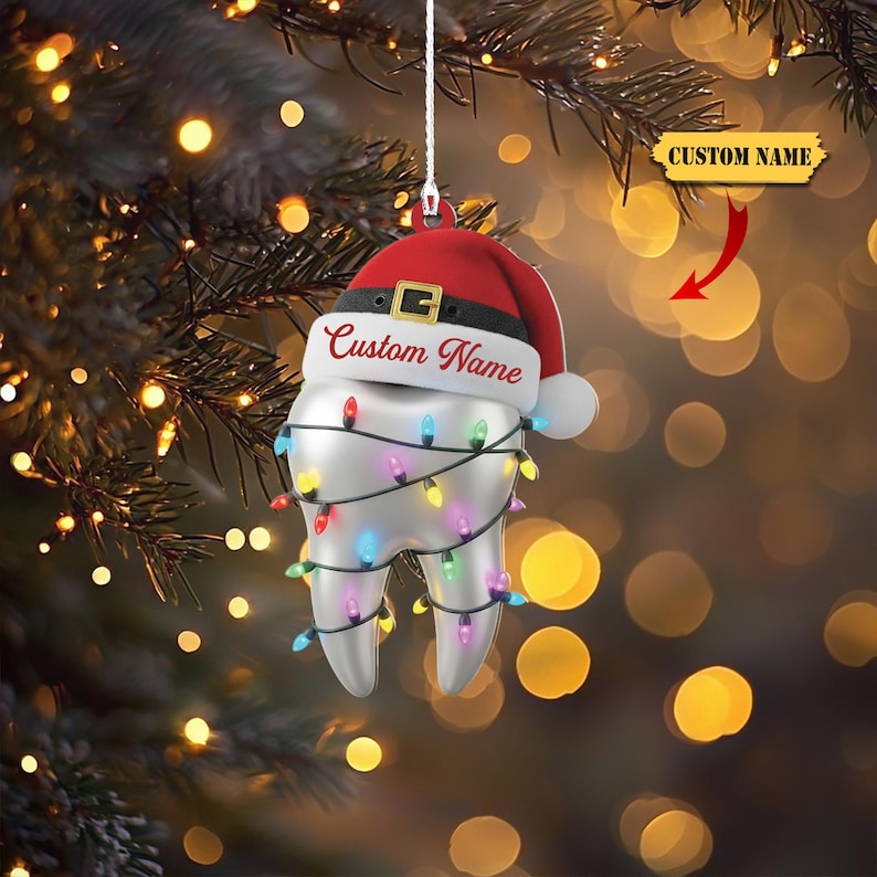 Personalized Dentist Tooth Acrylic Ornament, Custom Name Christmas Ornament with Santa Hat and Lights, Dental Hygienist Holiday Gift