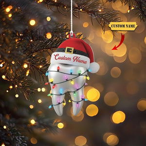 Personalized Dentist Tooth Acrylic Ornament, Custom Name Christmas Ornament with Santa Hat and Lights, Dental Hygienist Holiday Gift