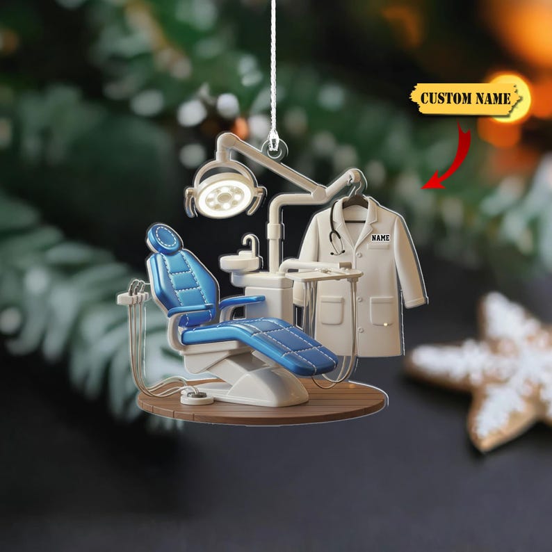 Personalized Dentist Chair 2D Flat Acrylic Ornament, Custom Name Dental Office Christmas Decoration, Dental Hygienist Holiday Gift