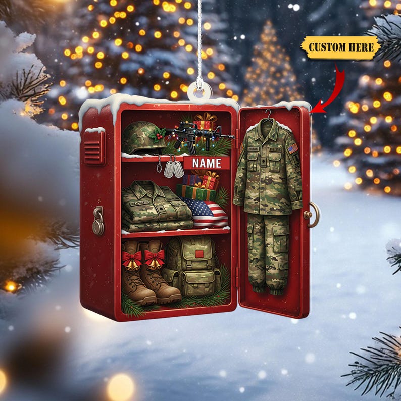 Personalized Military Locker Ornament Custom 2D Flat Acrylic Christmas Keepsake with Soldier Uniform, Flag, Boots, Gifts & Name