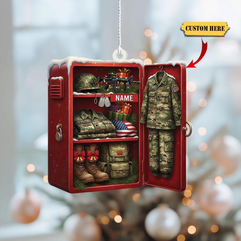 Personalized Military Locker Ornament Custom 2D Flat Acrylic Christmas Keepsake with Soldier Uniform, Flag, Boots, Gifts & Name