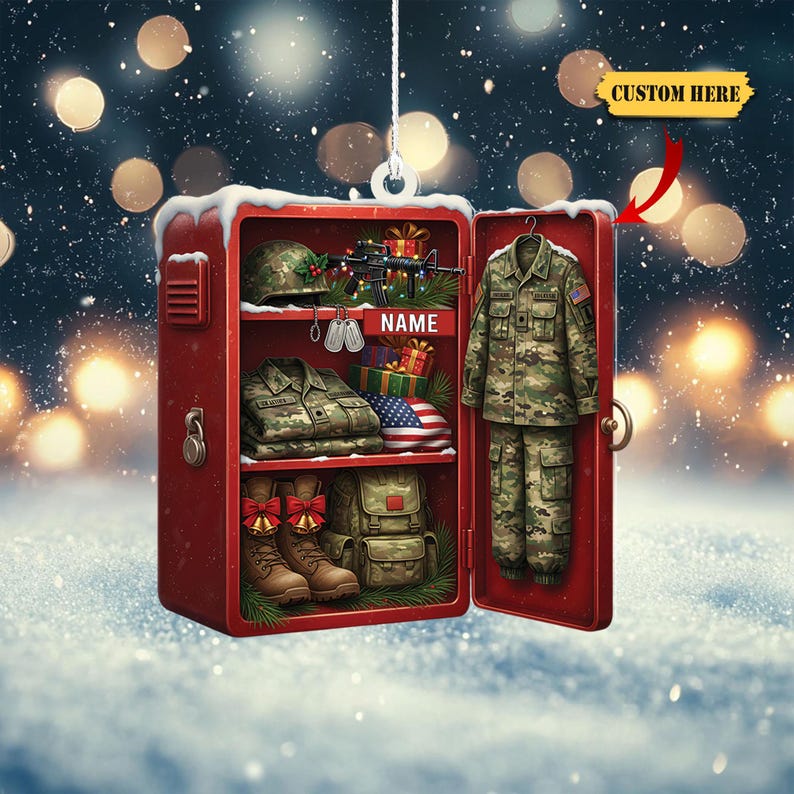 Personalized Military Locker Ornament Custom 2D Flat Acrylic Christmas Keepsake with Soldier Uniform, Flag, Boots, Gifts & Name