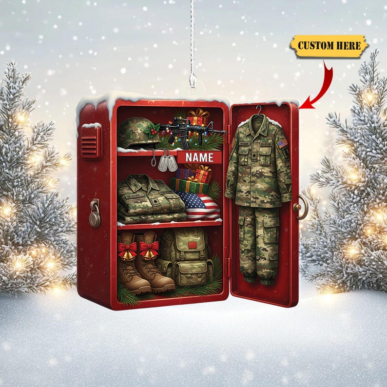 Personalized Military Locker Ornament Custom 2D Flat Acrylic Christmas Keepsake with Soldier Uniform, Flag, Boots, Gifts & Name