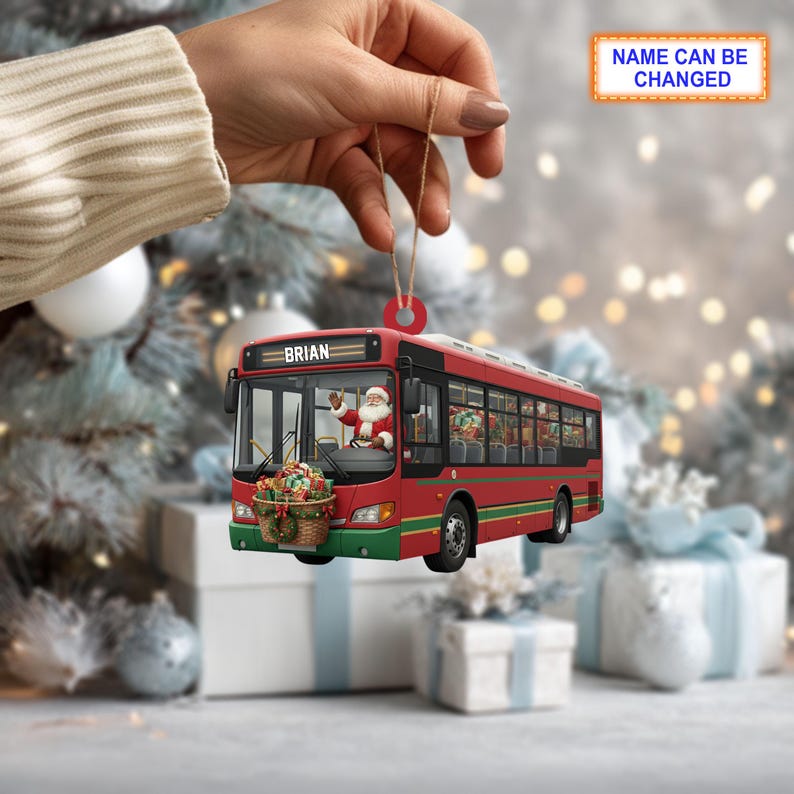 Custom Name Santa Drives Bus Personalized Ornament, Christmas Tree Hanging Decor, 2D Flat Acrylic Christmas Ornament Holiday Gift Magic