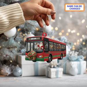 Custom Name Santa Drives Bus Personalized Ornament, Christmas Tree Hanging Decor, 2D Flat Acrylic Christmas Ornament Holiday Gift Magic