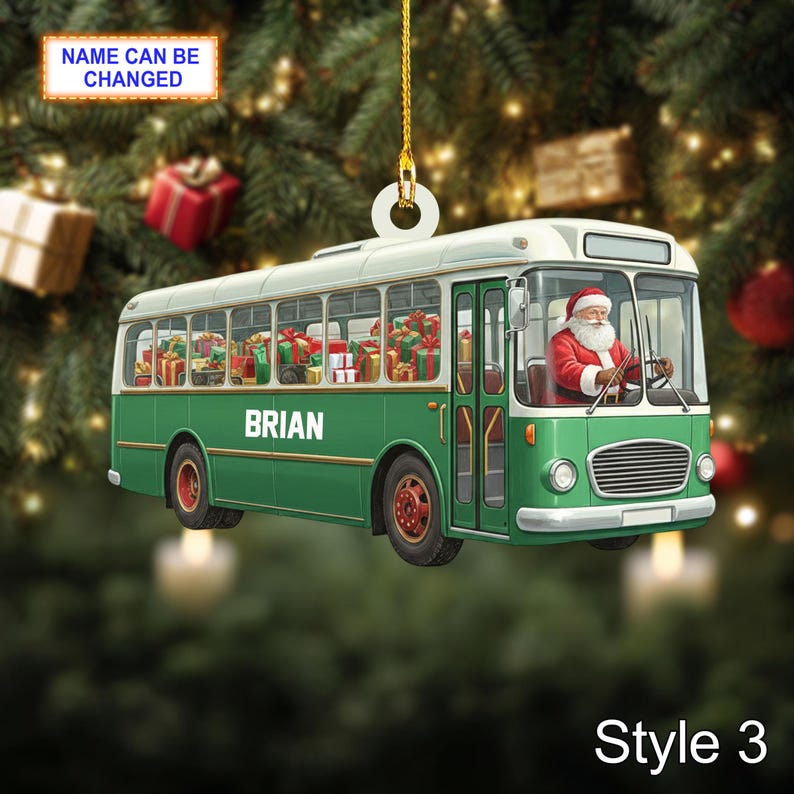 Custom Name Santa Drives Bus Personalized Ornament, Christmas Tree Hanging Decor, 2D Flat Acrylic Christmas Ornament Holiday Gift Magic