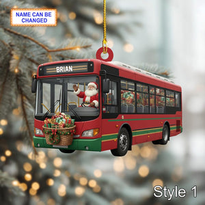 Custom Name Santa Drives Bus Personalized Ornament, Christmas Tree Hanging Decor, 2D Flat Acrylic Christmas Ornament Holiday Gift Magic