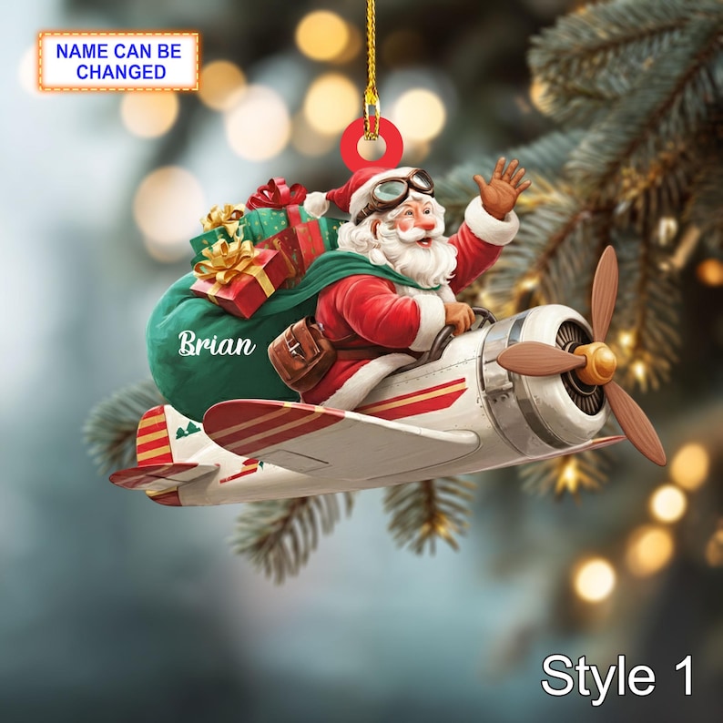 Custom Name Santa Drives Airplane Personalized Ornament, Christmas Tree Hanging Decor, 2D Flat Acrylic Christmas Ornament Holiday Gift Joy