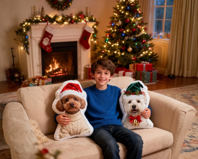 Custom Christmas Pet Photo Pillow, Personalized Christmas Dog Cat Portrait Cushion, Pet Memorial Pillow, Xmas Home Decor, Dog Lover Gift