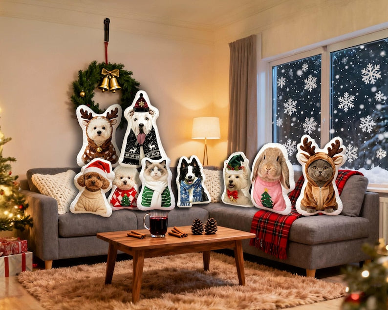 Custom Christmas Pet Photo Pillow, Personalized Christmas Dog Cat Portrait Cushion, Pet Memorial Pillow, Xmas Home Decor, Dog Lover Gift
