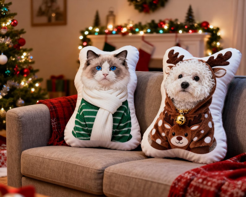 Custom Christmas Pet Photo Pillow, Personalized Christmas Dog Cat Portrait Cushion, Pet Memorial Pillow, Xmas Home Decor, Dog Lover Gift