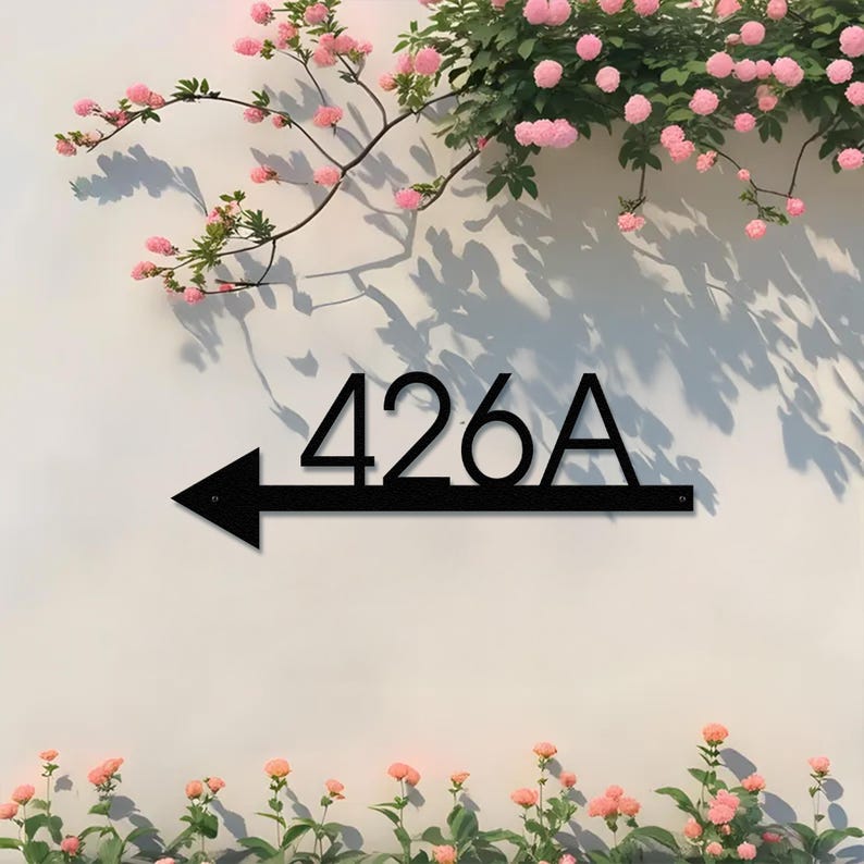 Metal Arrow Sign with House Number Custom Address Plaque, Modern Outdoor Direction Sign for Homes, Cabins, Apartments or Offices