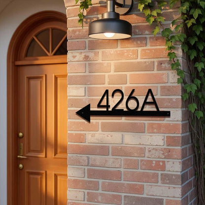Metal Arrow Sign with House Number Custom Address Plaque, Modern Outdoor Direction Sign for Homes, Cabins, Apartments or Offices