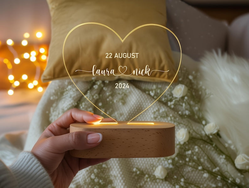 Personalized heart acrylic lamp with engraving names & date LED night light wedding gift.Gift.Christmas gift for her and him.