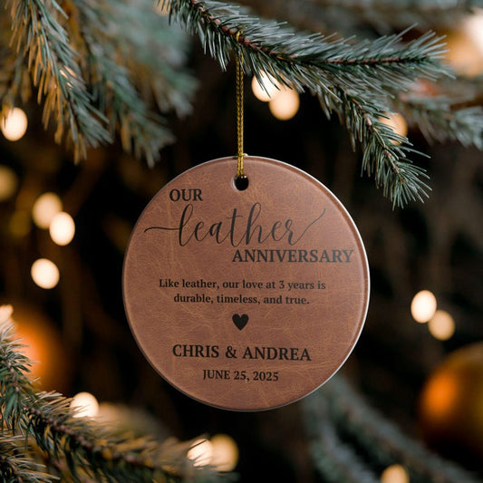 Personalized 3rd Anniversary Gift, Leather Anniversary Ceramic Ornament, Leather 3rd Anniversary Gift, 3rd Year Wedding Anniversary Gift