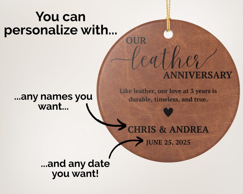 Personalized 3rd Anniversary Gift, Leather Anniversary Ceramic Ornament, Leather 3rd Anniversary Gift, 3rd Year Wedding Anniversary Gift