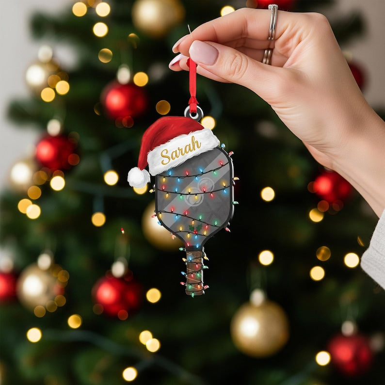 Personalized Pickleball Ornament: Santa Hat Acrylic Xmas Decor
