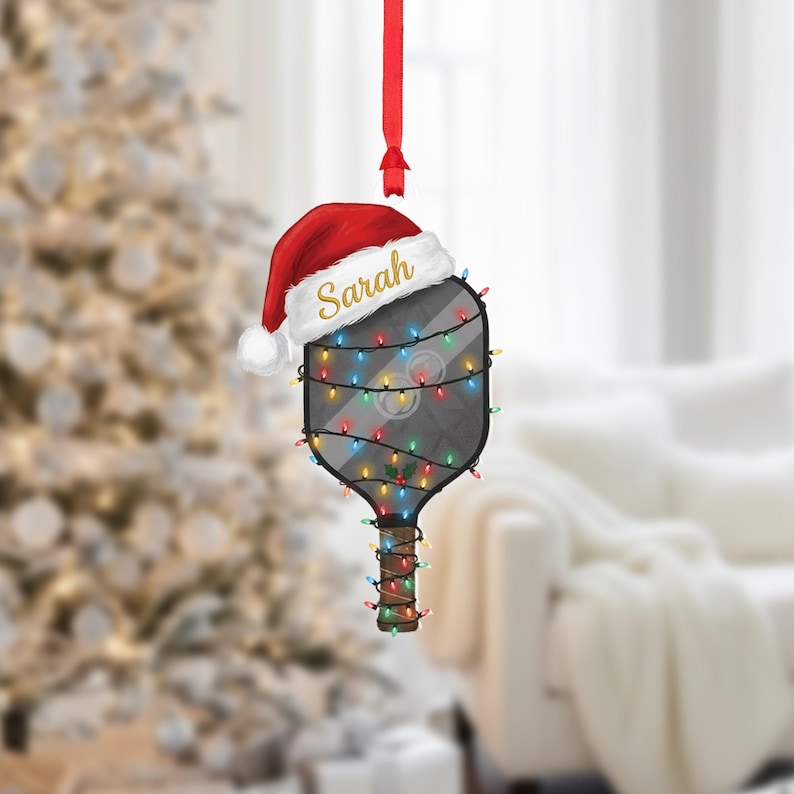 Personalized Pickleball Ornament: Santa Hat Acrylic Xmas Decor