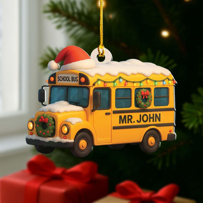 Personalized Flat 2D School Bus Ornament: Custom Teacher, Driver Appreciation Gift
