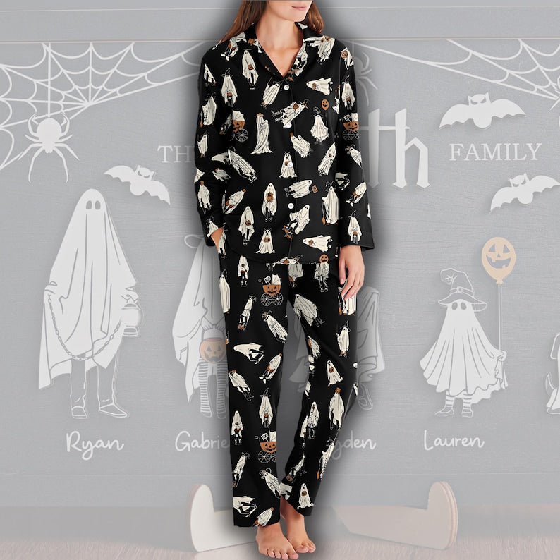 Retro Halloween Ghost Pajamas Set, Custom Ghost Print PJs, Matching Family Sleepwear, Spooky Fall Loungewear, Gift for Him & Her