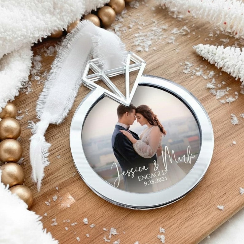 Custom Photo First Christmas Engaged Ornament, Personalized Engagement Ornament, Newly Engaged Gift