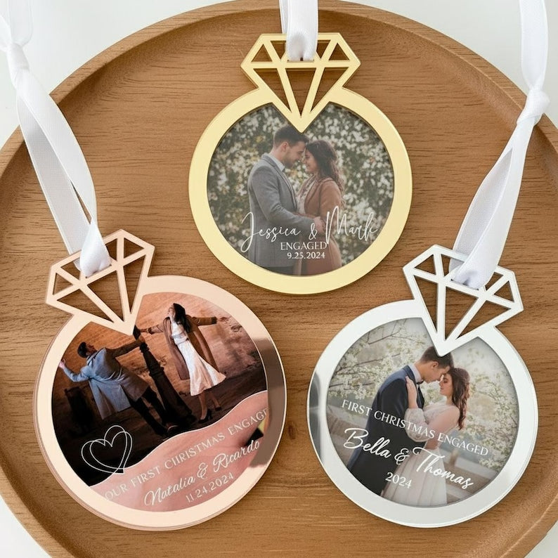 Custom Photo First Christmas Engaged Ornament, Personalized Engagement Ornament, Newly Engaged Gift