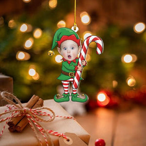 Personalized Baby Christmas Ornament with Candy Cane Custom Face Acrylic Ornament Funny Kids Xmas Tree Gift for Family & Friends