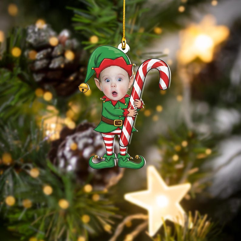 Personalized Baby Christmas Ornament with Candy Cane Custom Face Acrylic Ornament Funny Kids Xmas Tree Gift for Family & Friends